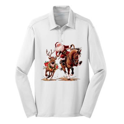 Christmas Cowboy Western Xmas Funny Cowboy Santa Bulldogging Silk Touch Performance Long Sleeve Polo