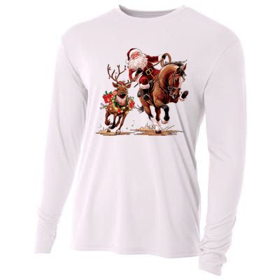 Christmas Cowboy Western Xmas Funny Cowboy Santa Bulldogging Cooling Performance Long Sleeve Crew