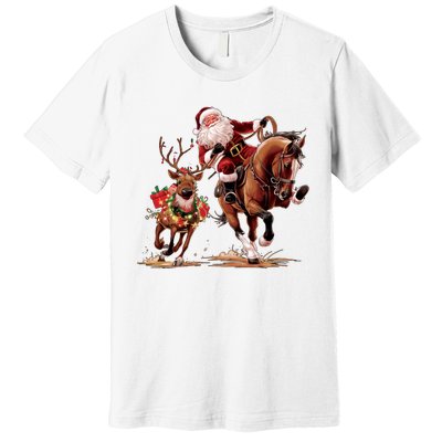 Christmas Cowboy Western Xmas Funny Cowboy Santa Bulldogging Premium T-Shirt