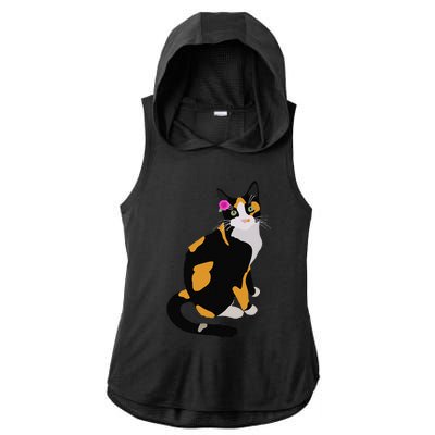 Calico Cat With Pink Flower, Calico Mom, Cat Lover Ladies PosiCharge Tri-Blend Wicking Draft Hoodie Tank