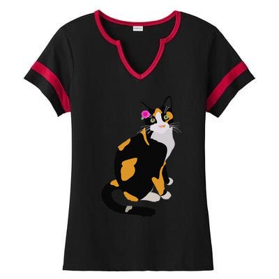 Calico Cat With Pink Flower, Calico Mom, Cat Lover Ladies Halftime Notch Neck Tee