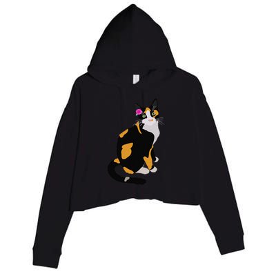 Calico Cat With Pink Flower, Calico Mom, Cat Lover Crop Fleece Hoodie