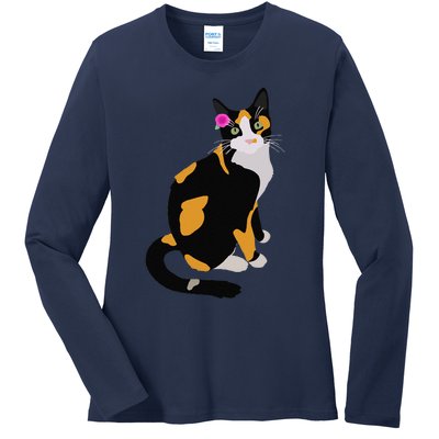 Calico Cat With Pink Flower, Calico Mom, Cat Lover Ladies Long Sleeve Shirt