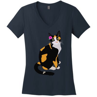 Calico Cat With Pink Flower, Calico Mom, Cat Lover Women's V-Neck T-Shirt