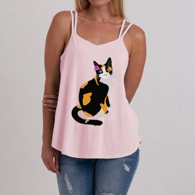 Calico Cat With Pink Flower, Calico Mom, Cat Lover Women's Strappy Tank