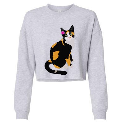 Calico Cat With Pink Flower, Calico Mom, Cat Lover Cropped Pullover Crew