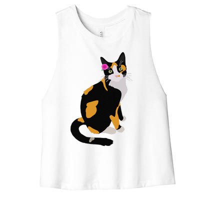 Calico Cat With Pink Flower, Calico Mom, Cat Lover Women's Racerback Cropped Tank