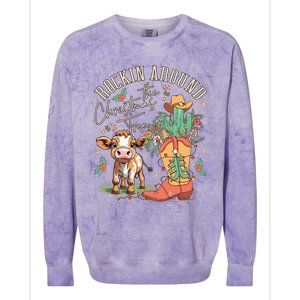 Cow Christmas Western Rockin Around The Christmas Tree Gift Colorblast Crewneck Sweatshirt