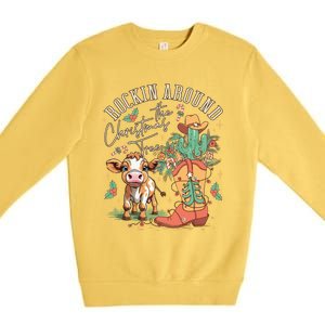 Cow Christmas Western Rockin Around The Christmas Tree Gift Premium Crewneck Sweatshirt