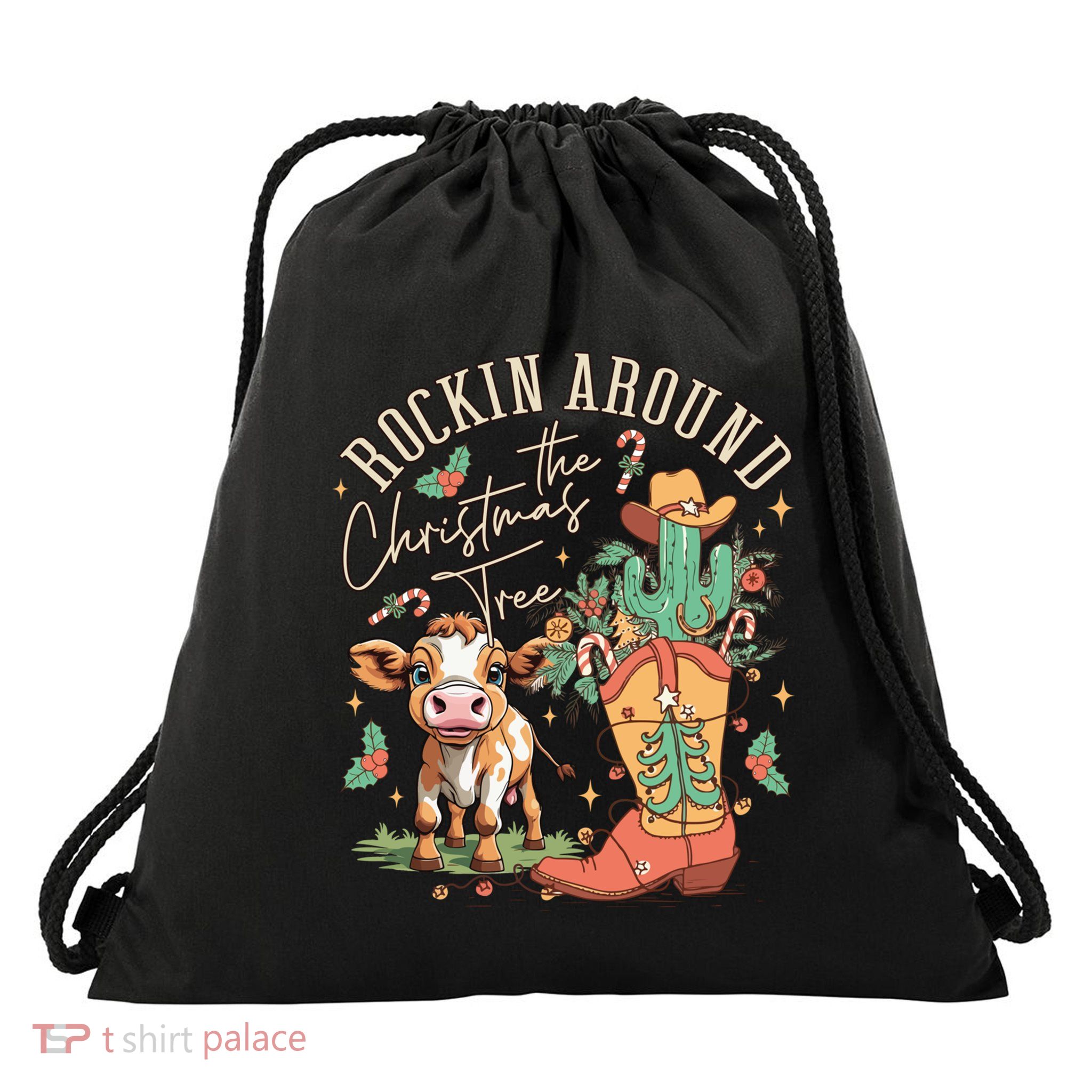 Cow Christmas Western Rockin Around The Christmas Tree Gift Drawstring Bag