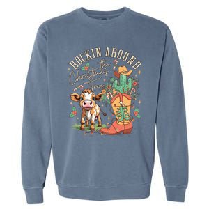 Cow Christmas Western Rockin Around The Christmas Tree Gift Garment-Dyed Sweatshirt