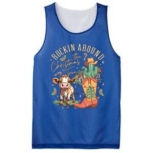 Cow Christmas Western Rockin Around The Christmas Tree Gift Mesh Reversible Basketball Jersey Tank