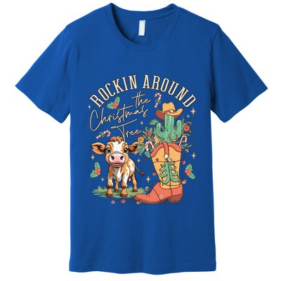 Cow Christmas Western Rockin Around The Christmas Tree Gift Premium T-Shirt