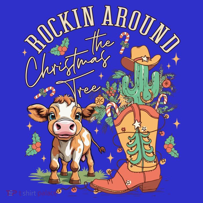 Cow Christmas Western Rockin Around The Christmas Tree Gift Premium T-Shirt