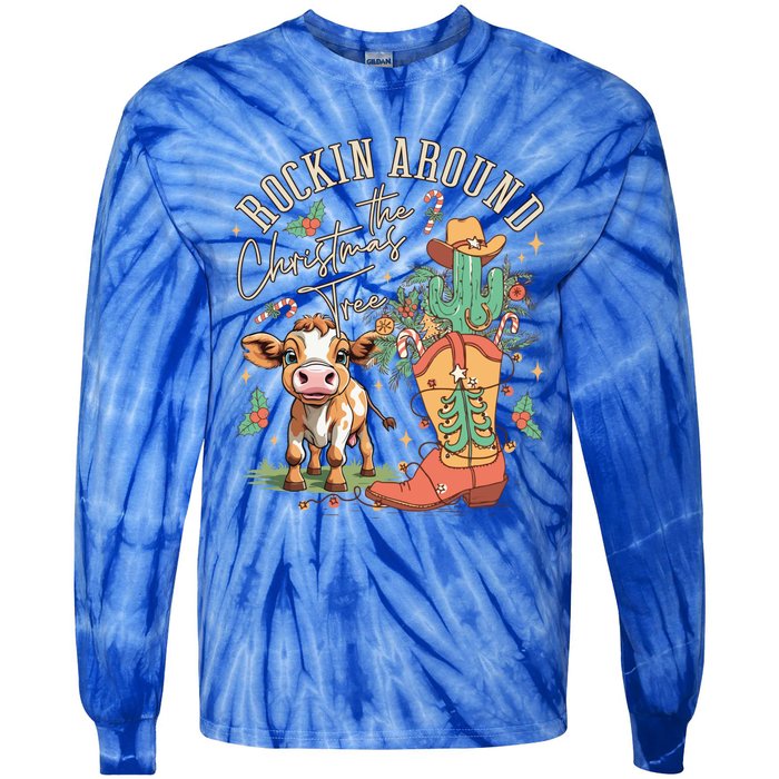 Cow Christmas Western Rockin Around The Christmas Tree Gift Tie-Dye Long Sleeve Shirt