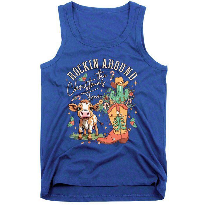 Cow Christmas Western Rockin Around The Christmas Tree Gift Tank Top