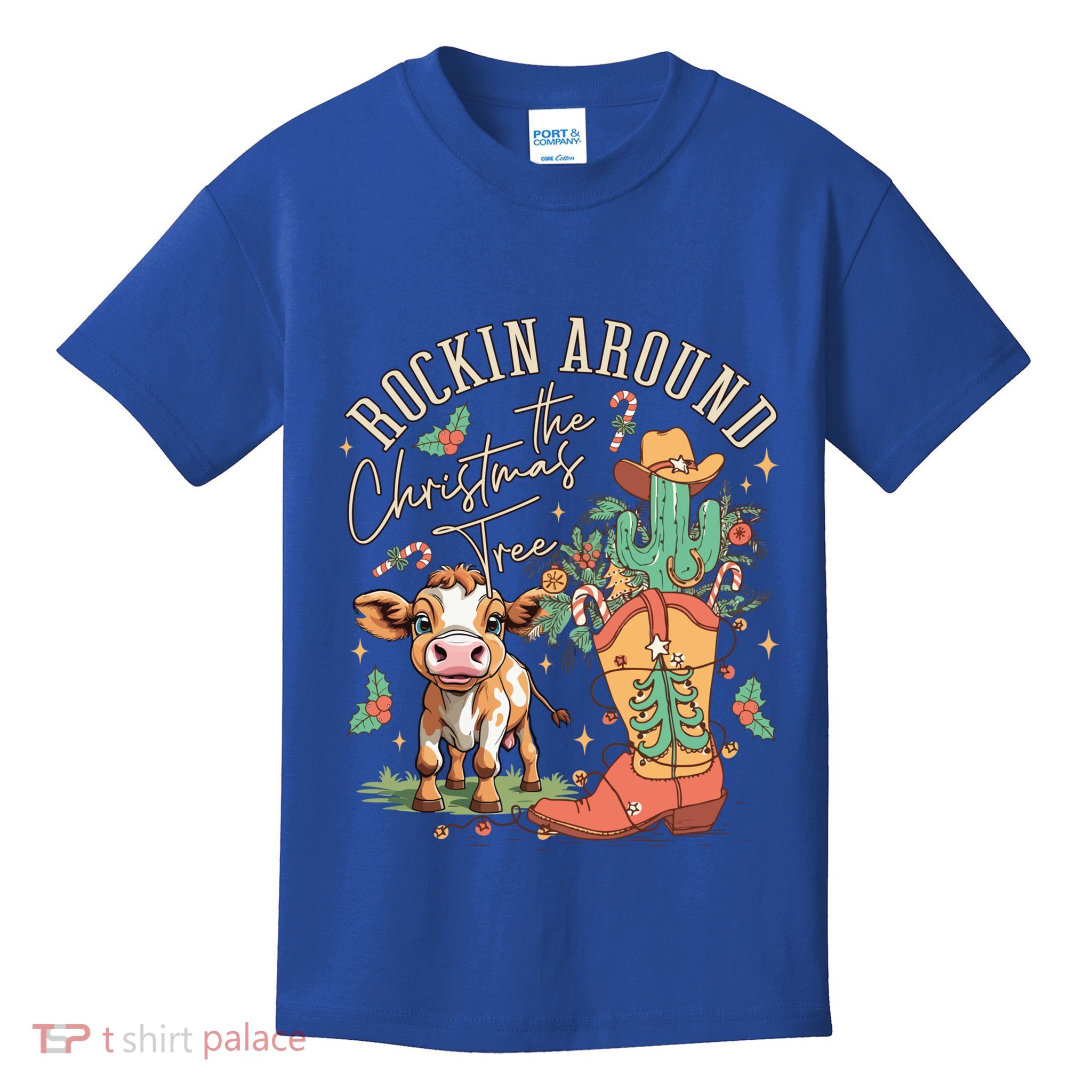 Cow Christmas Western Rockin Around The Christmas Tree Gift Kids T-Shirt