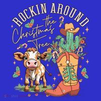 Cow Christmas Western Rockin Around The Christmas Tree Gift Kids T-Shirt