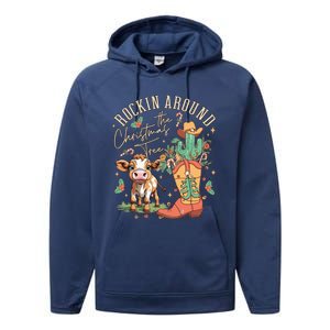 Cow Christmas Western Rockin Around The Christmas Tree Gift Performance Fleece Hoodie