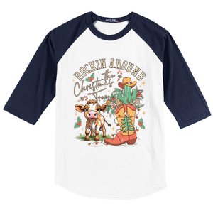 Cow Christmas Western Rockin Around The Christmas Tree Gift Baseball Sleeve Shirt