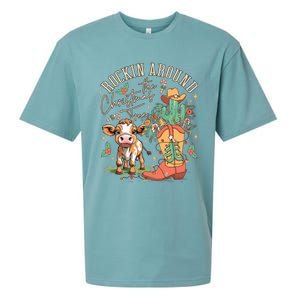 Cow Christmas Western Rockin Around The Christmas Tree Gift Sueded Cloud Jersey T-Shirt