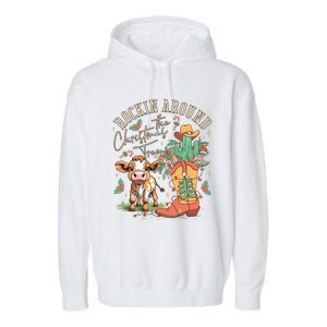 Cow Christmas Western Rockin Around The Christmas Tree Gift Garment-Dyed Fleece Hoodie