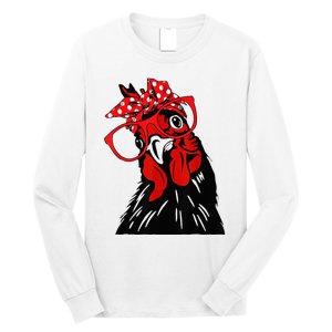 cute  Chicken With Bandana Headband and Glasses Long Sleeve Shirt