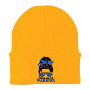 Colon Cancer Warrior Hair Bun Awareness Knit Cap Winter Beanie