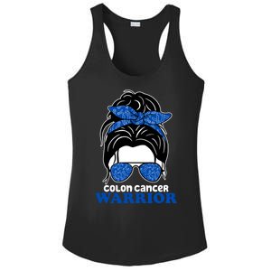 Colon Cancer Warrior Hair Bun Awareness Ladies PosiCharge Competitor Racerback Tank