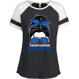 Colon Cancer Warrior Hair Bun Awareness Enza Ladies Jersey Colorblock Tee