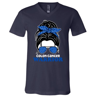 Colon Cancer Warrior Hair Bun Awareness V-Neck T-Shirt