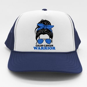 Colon Cancer Warrior Hair Bun Awareness Trucker Hat