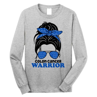 Colon Cancer Warrior Hair Bun Awareness Long Sleeve Shirt