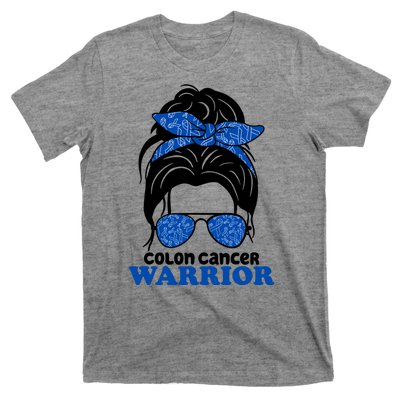 Colon Cancer Warrior Hair Bun Awareness T-Shirt