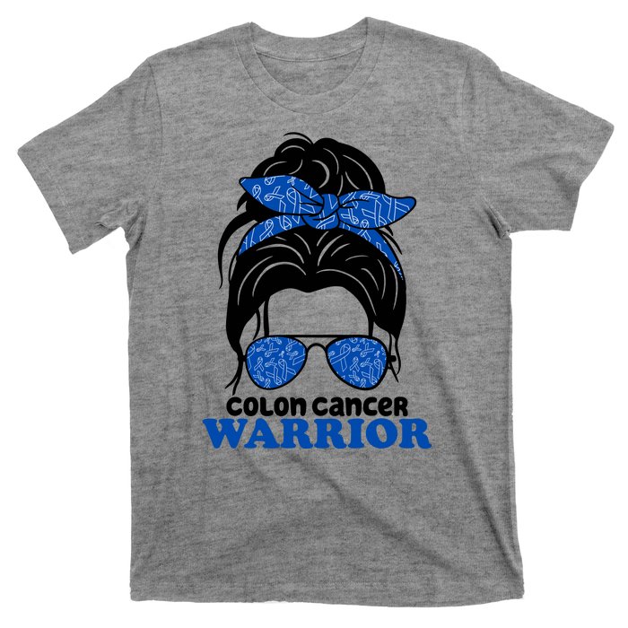 Colon Cancer Warrior Hair Bun Awareness T-Shirt