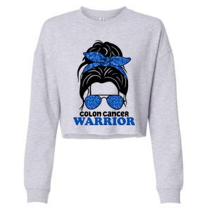 Colon Cancer Warrior Hair Bun Awareness Cropped Pullover Crew