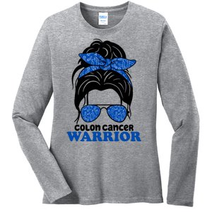 Colon Cancer Warrior Hair Bun Awareness Ladies Long Sleeve Shirt