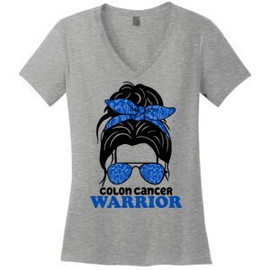 Colon Cancer Warrior Hair Bun Awareness Women's V-Neck T-Shirt