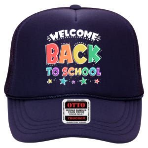 Cute Colorful Welcome Back To School High Crown Mesh Back Trucker Hat