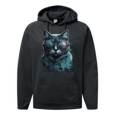 Cool Cat Wearing Sunglasses Design Wear Blue Performance Fleece Hoodie