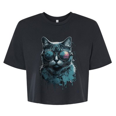 Cool Cat Wearing Sunglasses Design Wear Blue Bella+Canvas Jersey Crop Tee