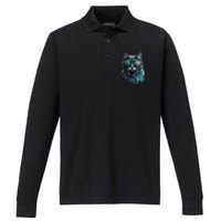 Cool Cat Wearing Sunglasses Design Wear Blue Performance Long Sleeve Polo