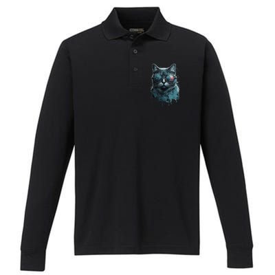 Cool Cat Wearing Sunglasses Design Wear Blue Performance Long Sleeve Polo