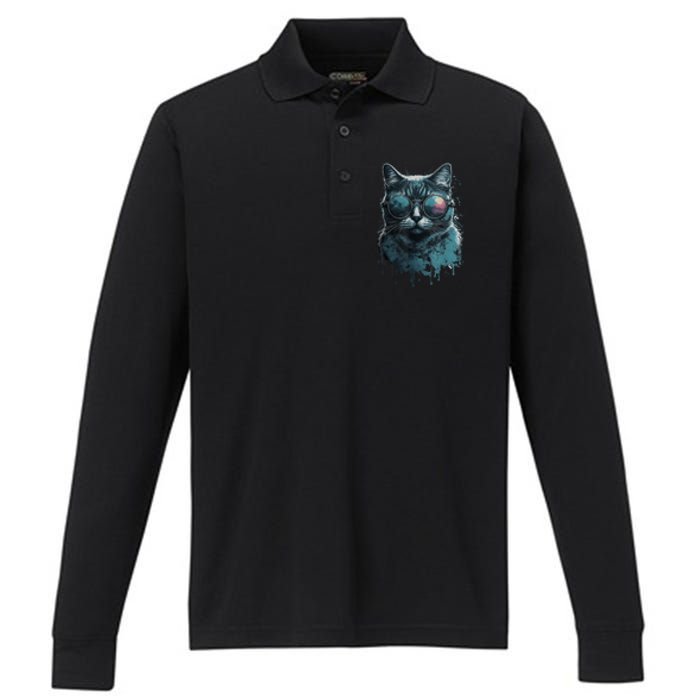 Cool Cat Wearing Sunglasses Design Wear Blue Performance Long Sleeve Polo