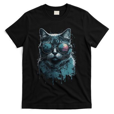 Cool Cat Wearing Sunglasses Design Wear Blue T-Shirt