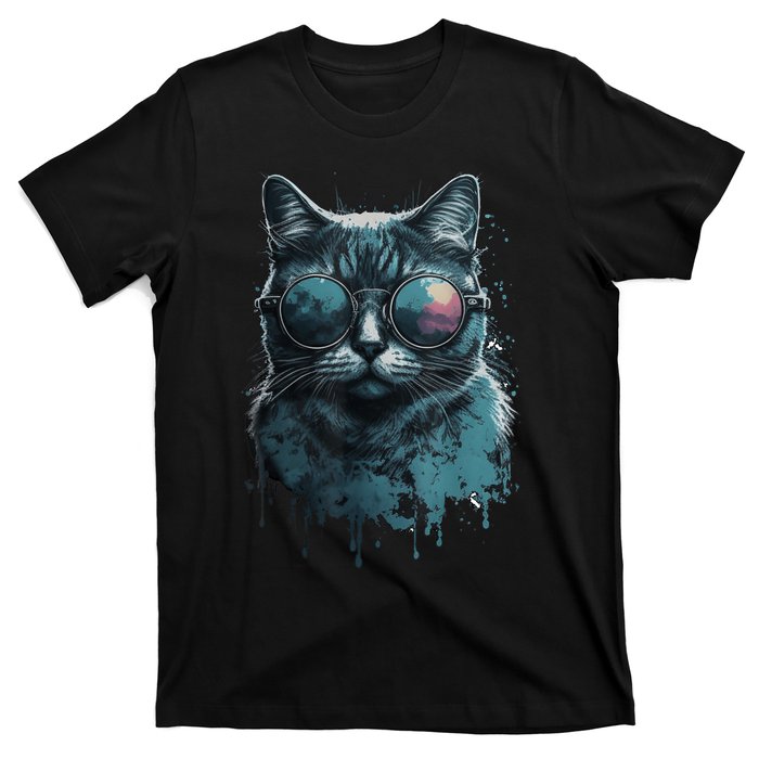 Cool Cat Wearing Sunglasses Design Wear Blue T-Shirt