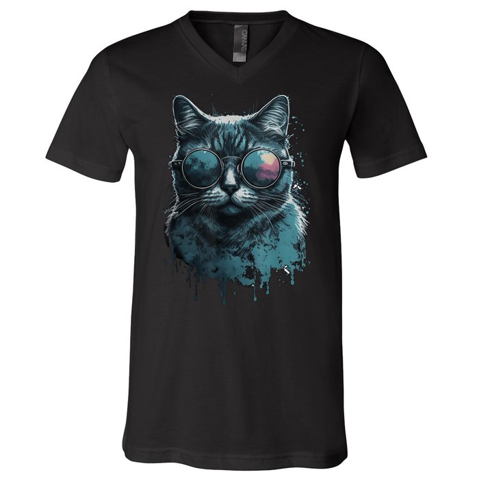 Cool Cat Wearing Sunglasses Design Wear Blue V-Neck T-Shirt