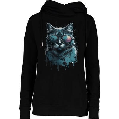 Cool Cat Wearing Sunglasses Design Wear Blue Womens Funnel Neck Pullover Hood