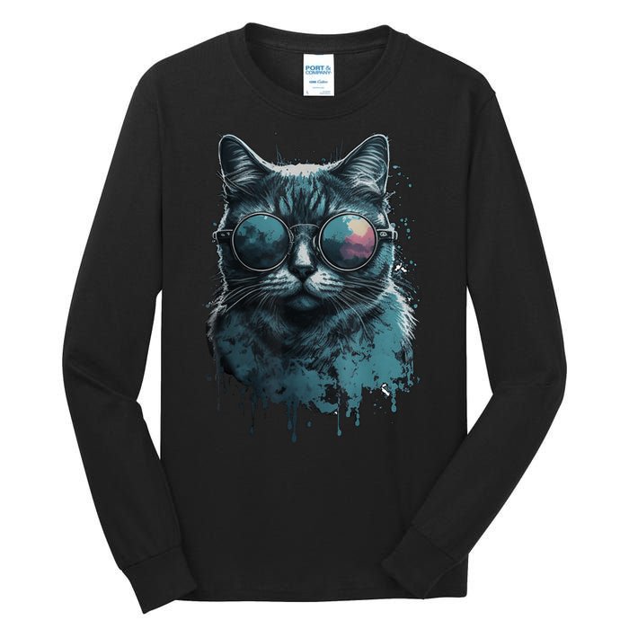 Cool Cat Wearing Sunglasses Design Wear Blue Tall Long Sleeve T-Shirt