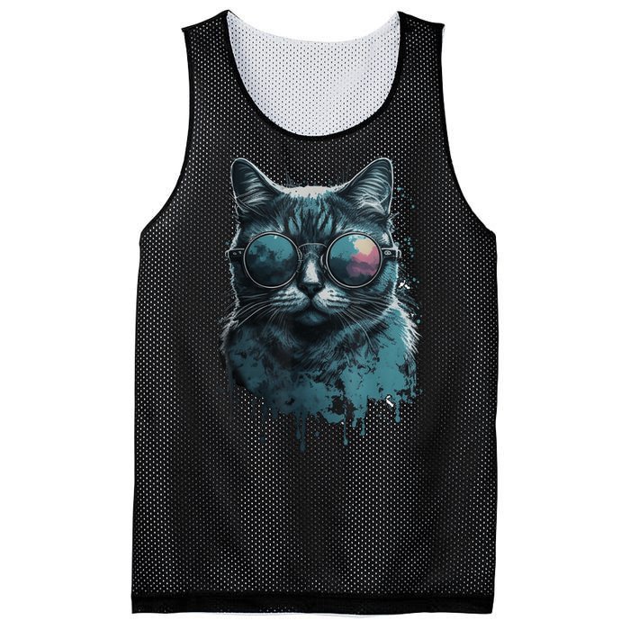 Cool Cat Wearing Sunglasses Design Wear Blue Mesh Reversible Basketball Jersey Tank